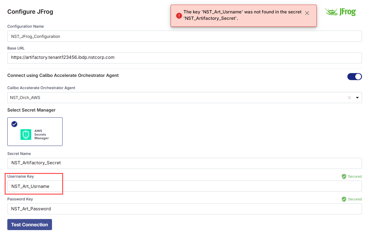 Artifactory connection configuration screen showing incorrect Artifactory username key configured